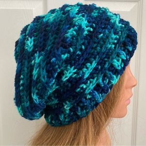 Crochet Slouchy Beanie Blue  Unique Winter Hat Boho Ski Handmade Hipster Hippie